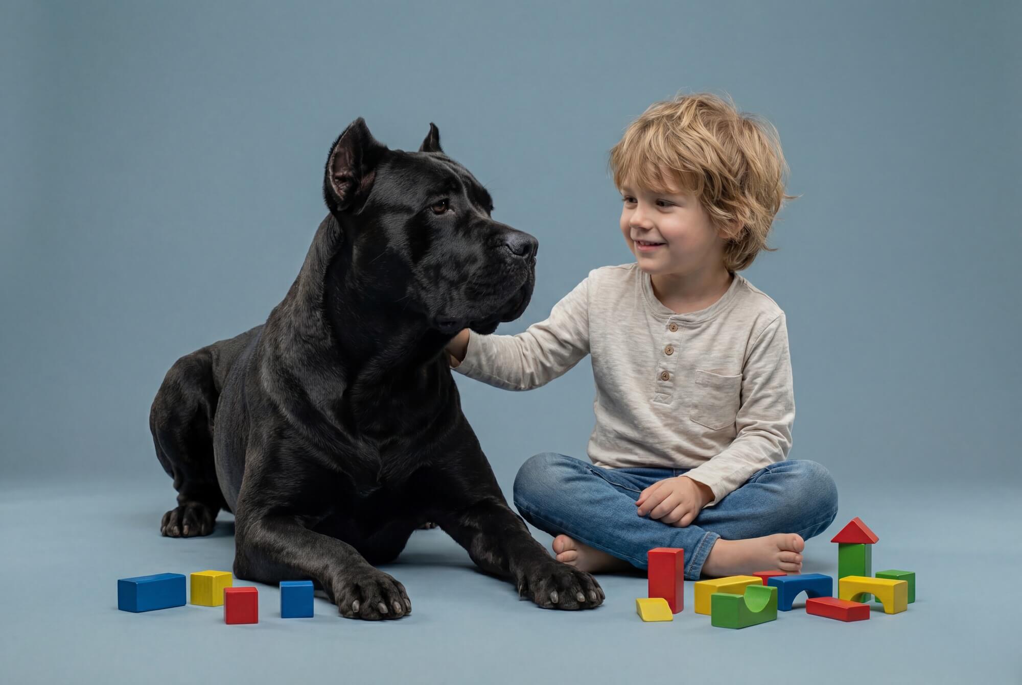 fotografo mascotas cantabria Un perro posando en un fondo azul en estudio para una típica foto en una sesion de mascotas, está sentando junto a un niño rubio, que a su vez le acaricia y en el suelo tienen piezas de un rompecabezas
