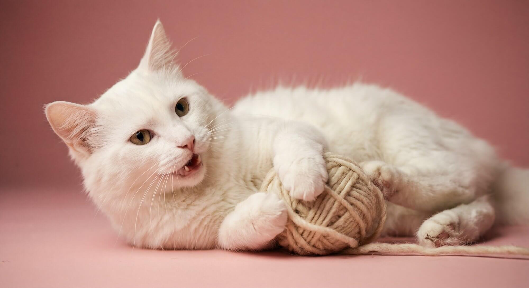Una foto de un gato albino de angora sobre un fondo rosa, jugando con un ovillo de lana