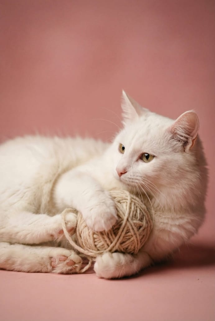 fotografo mascotas cantabria Una foto de un gato albino de angora sobre un fondo rosa, jugando con un ovillo de lana