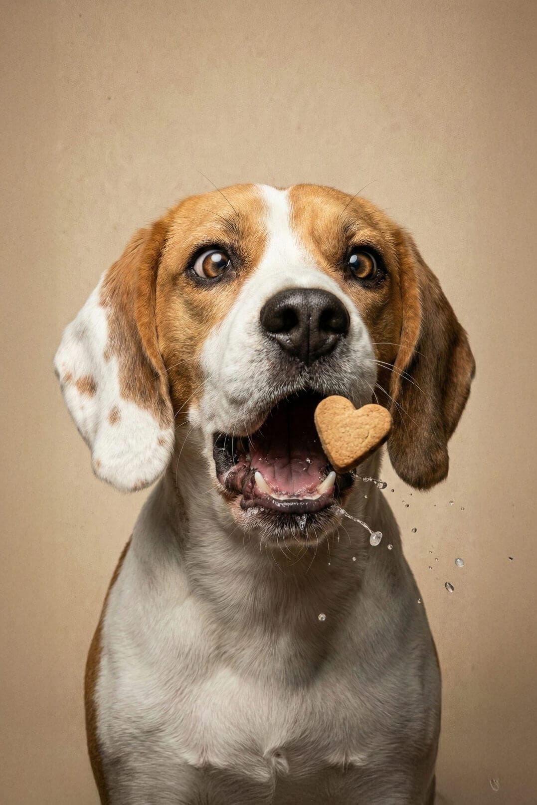 Un perro intenta atrapar una galleta al aire y se ve las gotitas de saliva en una foto súper dinámica