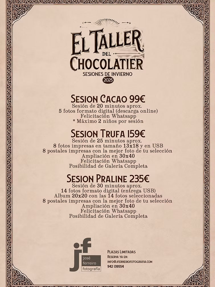 Tarifa de precios de nuestras sesiones de invierno, el taller de chocolatier
