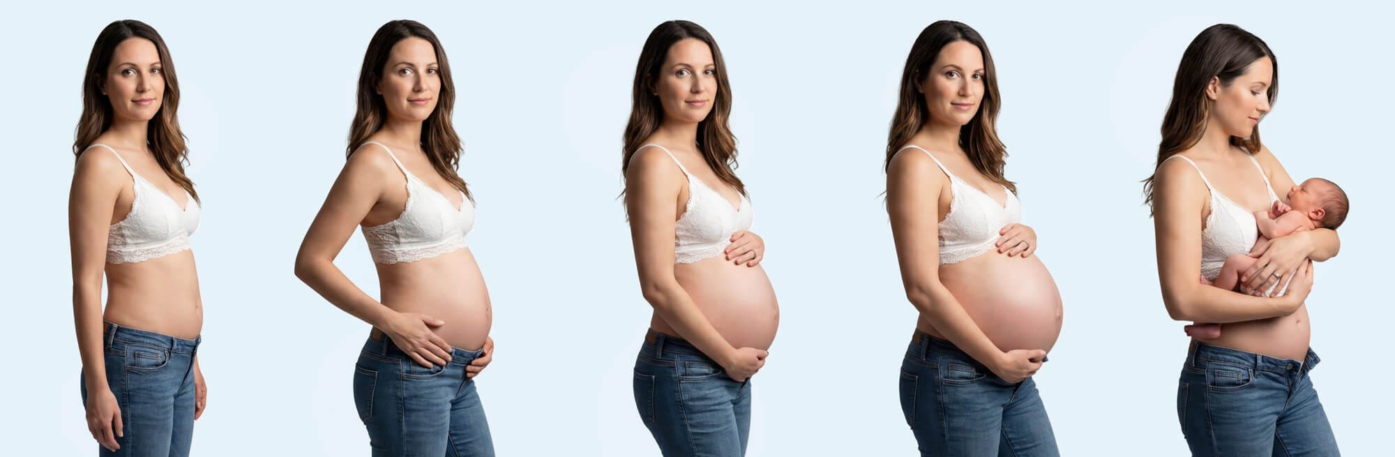 Fotografía de una mujer durante su embarazo ,es un banner en el que hay la misma chica en diferentes estados de Embarazo