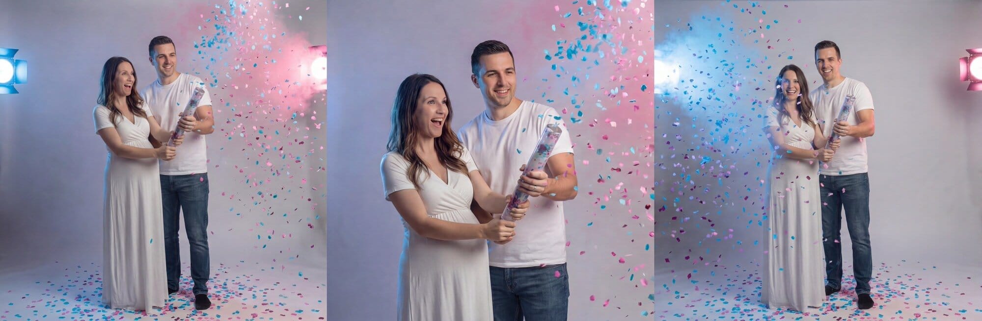 Fotografía de una mujer en una sesion de baby gender reveal ,es un banner en el que hay la misma chica en diferentes posturas
